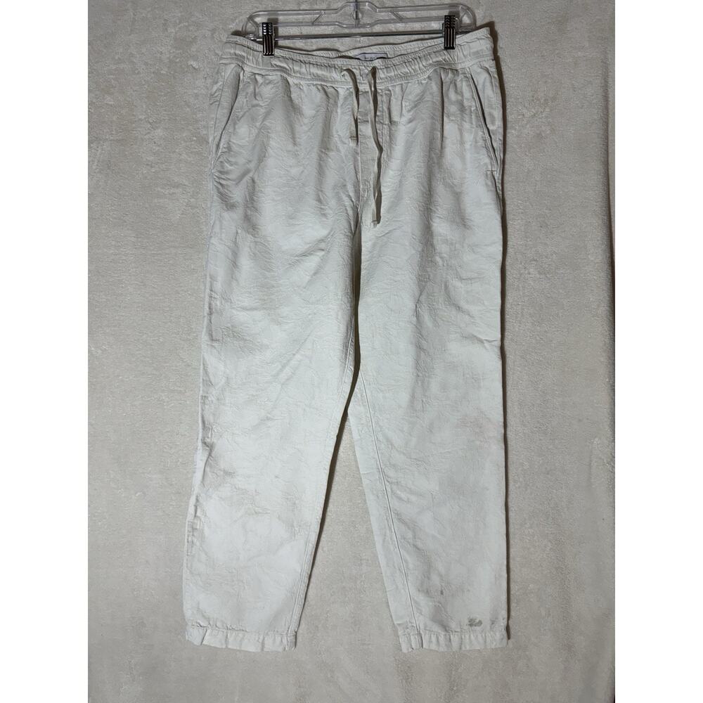 Women’s Zara Ivory Crop Pants Texutured Print Size Large Elastic Waist Pockets
